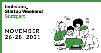 Grafische Darstellung eines Start-up Teams vor einem Laptop. Termin für Start-up Weekend Stuttgart - 26.-28. November 2021.