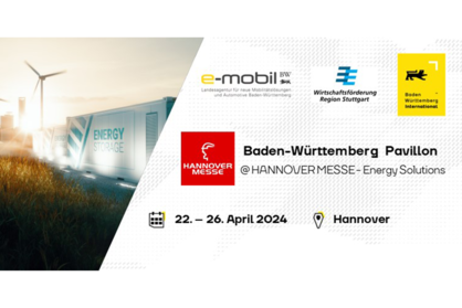 Keyvisual von BW_i für den Baden-Württemberg Pavillon im Ausstellungsbereich "Energy Solutions" auf der Hannover Messe 2024. Logos: BW_i, e-mobil BW, Wirtschaftsförderung Region Stuttgart.