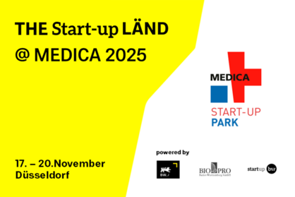 Key Visual MEDICA 2025. Text: THE Start-up LÄND @ MEDICA 2025, 17. - 20.November, Düsseldorf. Logos: MEDICA Start-up PARK, BIOPRO Baden-Württemberg, Start-up BW, Baden-Württemberg International.