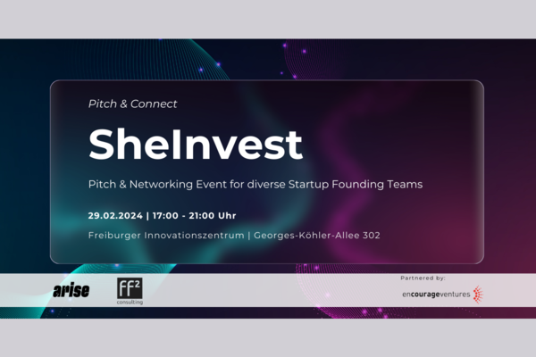 Veranstaltungsflyer für die Netzwerkveranstaltung "SheInvest - Pitch & Connect" am 29. Februar 2024 im Freiburger Innovationszentrum. Text: Pitch & Networking Event for diverse Startup Founding Teams.