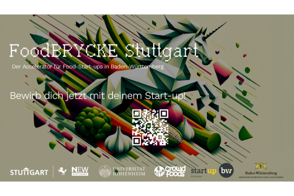 Digitaler Flyer für den ersten Durchlauf des Start-up BW geförderten Accelerators FoodBRYCKE Stuttgart. Text: Der Accelerator für Food Start-ups in Baden-Württemberg. Bewirb dich jetzt mit deinem Startup!