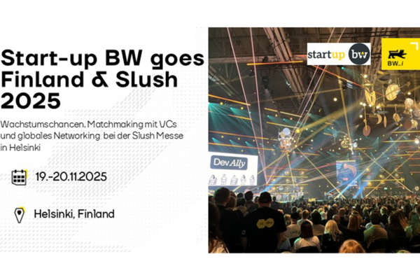 Key Visual zur Akquise von Teilnehmerinnen und Teilnehmer für das Förderangebot “Start-up BW goes SLUSH 2025”. 
