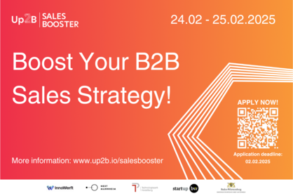 Veranstaltungshinweis für das Intensivprogramm Up2B Sales Booster am 24. und 25. Februar 2025. Boost Your B2B Sales Strategy! Application deadline: 02.02.2025.