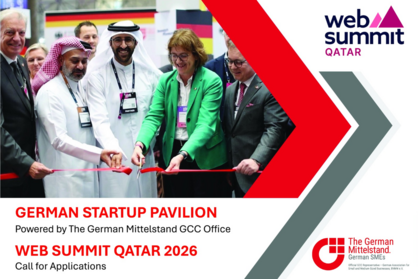 Key Visual Call for Applications für den German Startup Pavillon auf dem Web Summit Qatar 2026.