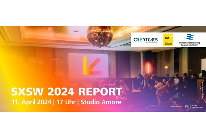 Digitaler Einladungsflyer zum SXSW 2024 Report am 11. April 2024 im Studio Amore in Stuttgart.