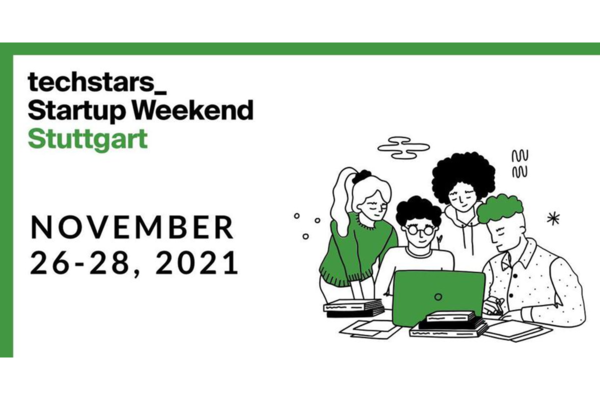 Grafische Darstellung eines Start-up Teams vor einem Laptop. Termin für Start-up Weekend Stuttgart - 26.-28. November 2021.