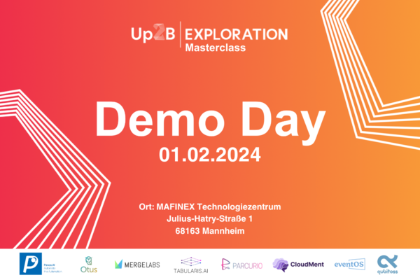 Key Visual Up2B EXPLORATION Masterclass mit dem Text: Demo Day, 01.02.2024, Ort: MAFINEX Technologiezentrum Mannheim, Julius-Hatry-Straße 1, 68163 Mannheim. Am unteren Rand werden die Logos der acht pitchenden Start-ups aufgeführt.