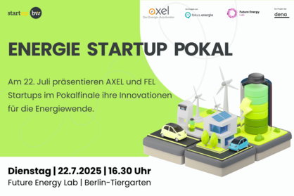 Event-Flyer für den Energie Startup Pokal von AXEL - Der Energie-Accelerator. Text: Energie Startup Pokal. Am 22. Juli präsentieren AXEL und FEL Startups im Pokalfinale ihre Innovationen für die Energiewende. Dienstag, 22.7.2025, 16:30 Uhr, Future Energy Lab, Berlin - Tiergarten. 