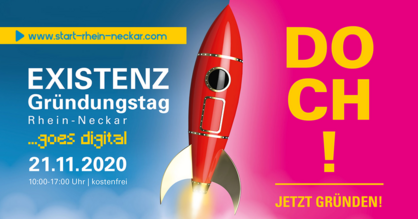 Einladung zum Existenzgründertag Rhein Neckar am 21.11.2020. Hintergrund in den Farben blau und magenta. Rote Rakete.