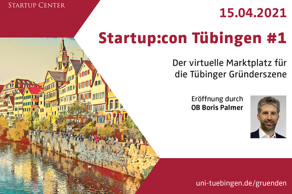 Einladungsflyer zur ersten Startup:con Tübingen. Der virtuelle Marktplatz der Tübinger Gründerszene.