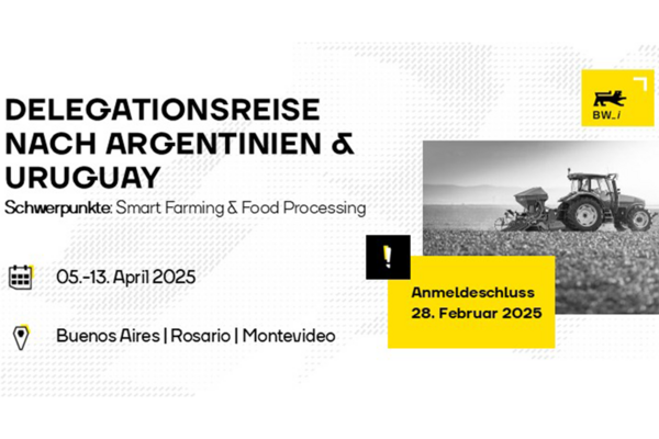 Key Visual von Baden-Württemberg International zur Teilnehmerakquise für die Delegationsreise nach Argentinien und Uruguay, mit den Schwerpunktthemen Smart Farming und Food Processing.