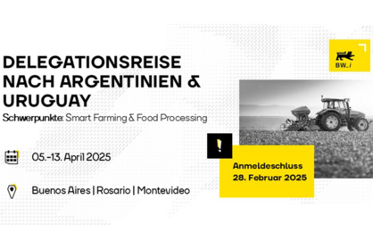 Key Visual von Baden-Württemberg International zur Teilnehmerakquise für die Delegationsreise nach Argentinien und Uruguay, mit den Schwerpunktthemen Smart Farming und Food Processing.