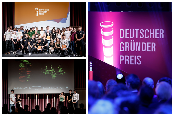 Eine Bildercollage mit insgesamt drei Bildern. Linke Seite, oberes Bild: Die Top-Ten-Teams des Deutschen Gründerpreises für Schülerinnen und Schüler. Links unten: Aufnahme vom Pitch des zweitplatzierten Teams „LumenVita“ vom Hans-Furler-Gymnasium in Oberkirch. Fotos: Peter Jülich für Deutscher Gründerpreis. Bild auf der rechten Seite: Der Deutsche Gründerpreis wird am 9. September 2025 in mehreren Kategorien im ZDF Hauptstadtstudio in Berlin vergeben. Foto: Franziska Krug für Deutscher Gründerpreis.