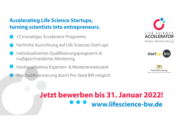 Flyer für die Bewerbung des Life Science Accelerators Baden-Württemberg mit Bewerbungsschluss 31.01.2022.