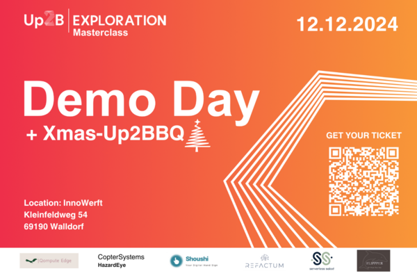 Veranstaltungshinweis für den Demo Day zum Up2B Exploration Programm und das anschließende Netzwerktreffen Xmas-Up2BBQ zum Jahresausklang am 12.12.2024 in der InnoWerft in Walldorf. 