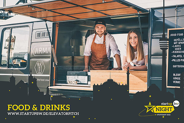 Eine Frau und ein Mann schauen aus dem KARMA Foodtruck heraus. Text: FOOD & DRINKS www.startupbw.de/elevatorpitch. 