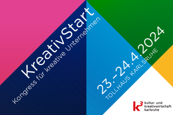 Veranstaltungsflyer für den Kongress KreativStart 2024. Text: Kongress für kreative Unternehmen, 23.-24.4.2024, Tollhaus Karlsruhe.