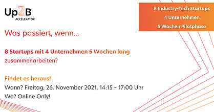 Einladungsflyer Online-Event Up2B Accelerator Demo Day 2021 am 26.11.2021 ab 14:15 Uhr.