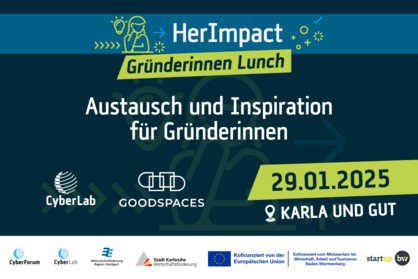 Key Visual zur Veranstaltung HerImpact Gründerinnen Lunch mit dem Text: Austausch und Inspiration für Gründerinnen, 29.01.2025 KARLA UND GUT.