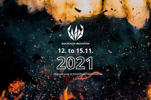 Flyer für den Blockchain Hackathon Stuttgart 2021. Text: 12 - 15.11.2021, Register now at blockchain-hackathon.de.