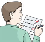 Eine Illustration von einer männlichen Person, die einen Stift und eine Checkliste mit abgehakten Aufgaben in der Hand hält.