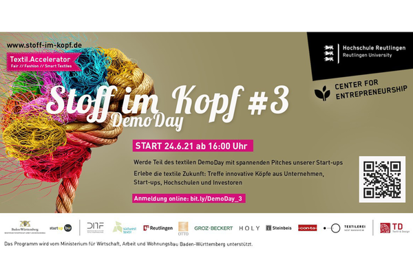 Einladungsflyer zum Demo Day des Textil.Accelerator Stoff im Kopf #3. Am 24.06.2021 ab 16:00 Uhr. Anmeldung online: www.bit.ly/DemoDay_3