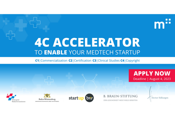 Flyer für den sechsten Programmdurchlauf des 4C Accelerators Tübingen. Text: 4C ACCELERATOR to enable your MedTech Startup. C1 Commercialization, C2 Certification, C3 Clinical Studies, C4 Copyright. Apply now. Deadline: 4 August 2023.