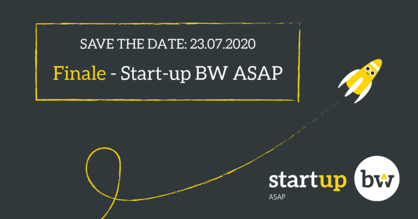 Weiße und gelbe Schrift auf dunkelgrauen Hintergrund - Einladung zur Veranstaltung am 23. Juli. Weiß-gelbe Rakete und Start-up BW ASAP-Logo.
