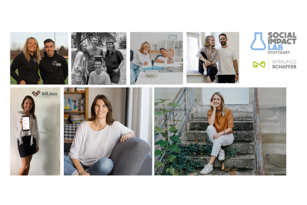Event-Flyer für den Social Impact Lab Alumni Pitch mit Bildern von Speakern und Alumni mit Logo des Social Impact Lab Stuttgart und Logo Wirkungs Schaffer.