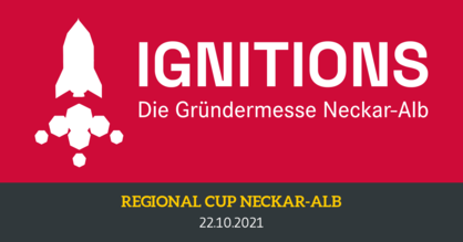 Termin für den Start-up BW Elevator Pitch Regional Cup Neckar-Alb. 22. Oktober 2021. Logo der Gründermesse Neckar-Alb. Weiße Rakete und weiße Schrift auf rotem Hintergrund.