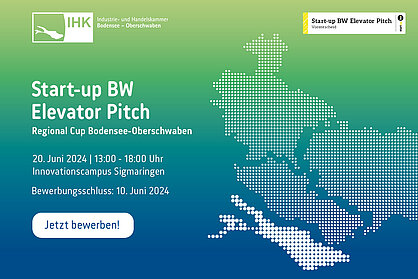 Veranstaltungsflyer für den Regional Cup Bodensee-Oberschwaben, im Rahmen des Gründer- und Jungunternehmertags am 20. Juni 2024 mit Text: Jetzt bewerben. Bewerbungsschluss: 10. Juni 2024.