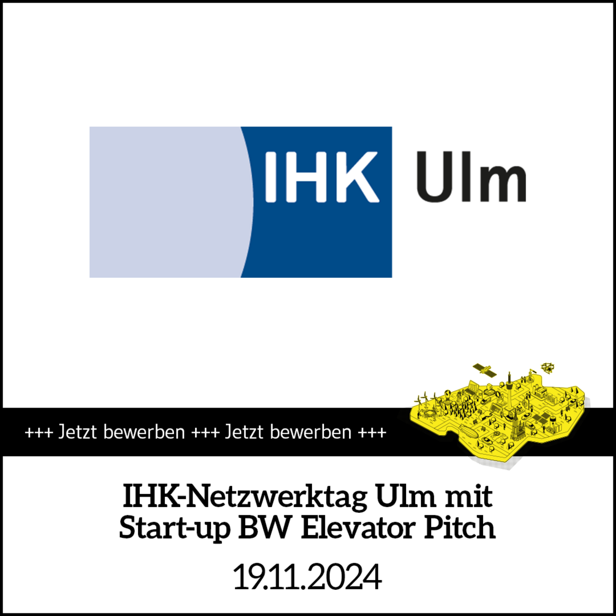 Terminkachel für den Vorentscheid zum Start-up BW Elevator Pitch im Rahmen des IHK-Netzwerktags 2024 in Ulm.