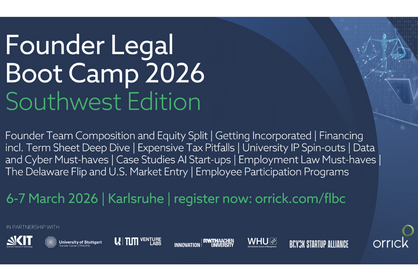 Key Visual für das Founder Bootcamp 2026 Southwest Edition, 6. - 7. März in Karlsruhe, Registrierung unter www.orrick.com/flbc.