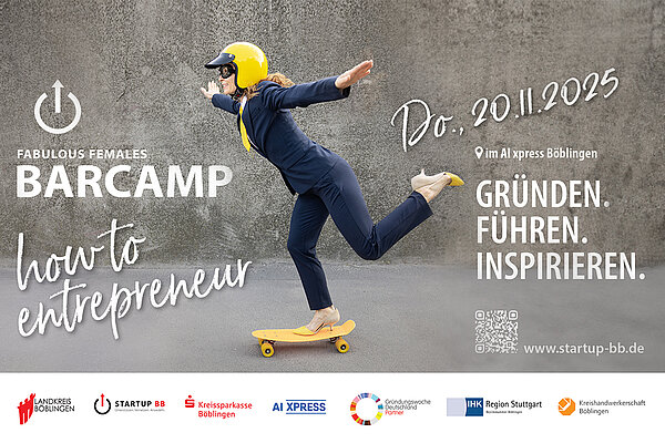 Veranstaltungsflyer Fabulous Females Barcamp. Frau in Businesskleidung steht einbeinig auf einem Skateboard. Text: FABULOUS FEMALES BARCAMP, 20.11.2025.