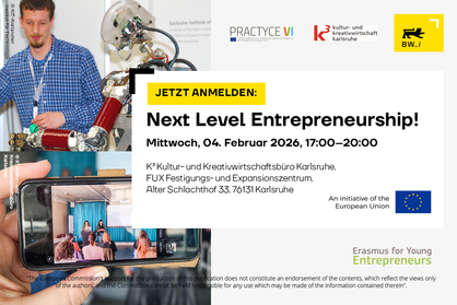 Key Visual zur Veranstaltung “Next Level Entrepreneurship” am 4. Februar 2026 in Karlsruhe. 