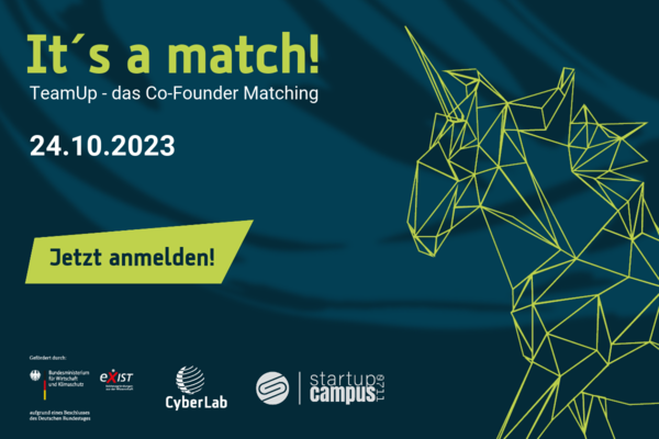 Veranstaltungsflyer: zwei gezeichnete Einhörner auf blauem Hintergrund mit folgendem Text: It’s a match! TeamUp - das Co-Founder Matching - 24.10.2023 - Jetzt anmelden!
