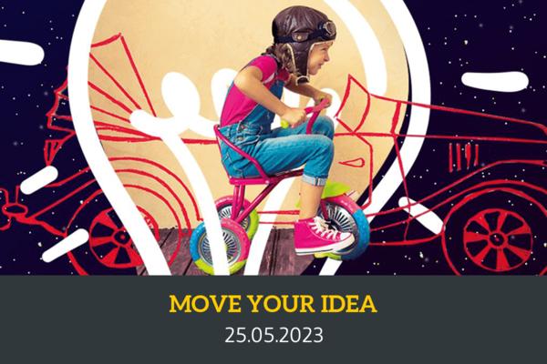Einladungsflyer für den Ideenwettbewerb Move Your Idea des Centers for Entrepreneurship der Hochschule Reutlingen. Text: MOVE YOUR IDEA 25.05.2023.