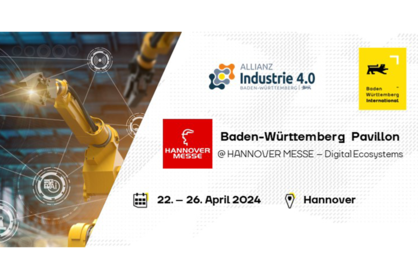 Keyvisual von BW_i für den Baden-Württemberg Pavillon im Ausstellungsbereich "Digital Ecosystems" auf der Hannover Messe 2024. Logos: BW_i, Allianz Industrie 4.0 Baden-Württemberg.