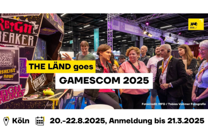 Key Visual für den THE LÄND Stand auf der Gamescom 2025, ein Angebot der MFG Baden-Württemberg und Baden-Württemberg International. Bildrechte: MFG / Tobias Vollmer Fotografie.