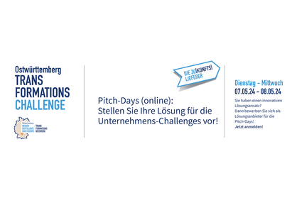 Digitaler Flyer für die Pitch-Days der Transformations-Challenge Ostwürttemberg 2024. Text: Sie haben einen Lösungsansatz? Dann bewerben Sie sich als Lösungsanbieter für die Pitch-Days am 7. und 8. Mai 2024.