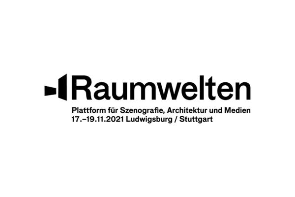 Bildmarke Raumwelten. Text: Plattform für Szenografie, Architektur und Medien. 17.-19.110.2021 Ludwigsburg/Stuttgart.