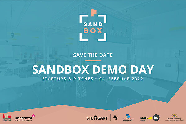 Flyer für den Demo Day der achten Kohorte des Sandbox Accelerators. Text: Save the date - Sandbox Demo Day - Startups und Pitches am 4. Februar 2022.