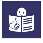 Easy-to-read Logo Inclusion Europe. Text: Leichte Sprache. Bildbeschreibung: Ein Kopf hinter einem Buch. Auf der linken Buchseite zeigt ein Daumen nach oben.