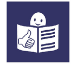 Easy-to-read Logo Inclusion Europe. Text: Leichte Sprache. Bildbeschreibung: Ein Kopf hinter einem Buch. Auf der linken Buchseite zeigt ein Daumen nach oben.