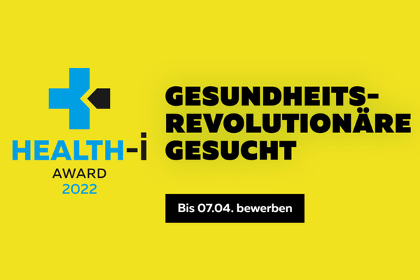 Flyer Health-i Award 2022. Text: Gesundheitsrevolutionäre gesucht. Bis 07.04.2022 bewerben. Bildrechte: Handelsblatt