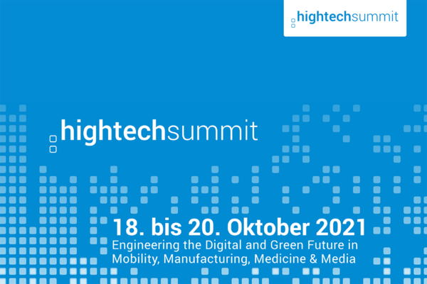 Visual zum Hightech Summit 2021 - weiße Schrift auf blauem Hintergrund. Veranstaltungsankündigung 18.-20. Oktober 2021.