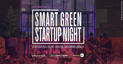 Eventflyer SMART GREEN STARTUP NIGHT. Am 12. Oktober 2021 ab 18 Uhr. Logos: Grünhof, Smart Green Accelerator und Start-up BW