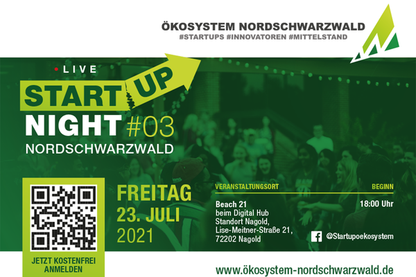 Einladungsflyer zur Startup Night Nordschwarzwald am 23.07.2021 im Beach 21 in Nagold.