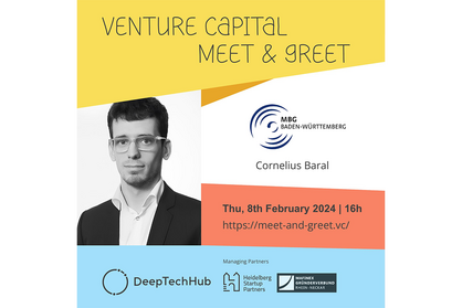 Flyer für die nächste Ausgabe des Veranstaltungsformats Venture Capital Meet and Greet mit einem Foto von Cornelius Barall. Text: Venture Capital Meet and Greet, Thu, 8th February 2024, 16h, https://meet-and-greet.vc. Logos: DeepTechHub, Heidelberg Startup Partners, MAFINEX Gründerverbund.