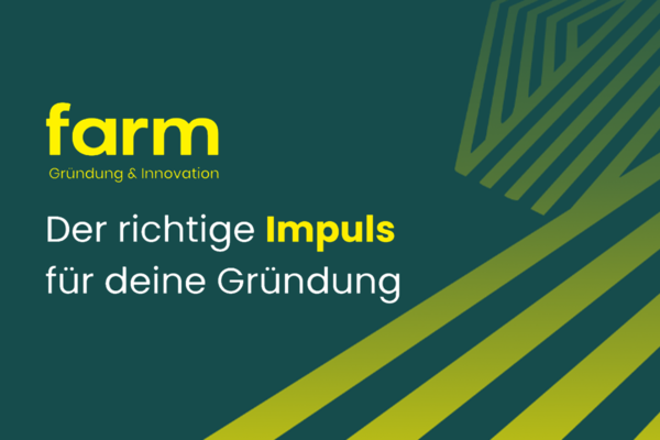 Visual für die IMPULSE-Vortragsreihe von der farm Konstanz. Text: Der richtige Impuls für deine Gründung
